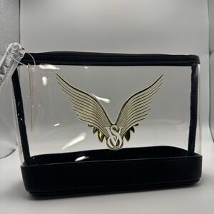 Victoria's Secret Clear Makeup Bag. NWT Black, Gold Zipper Closure, Angel Wings